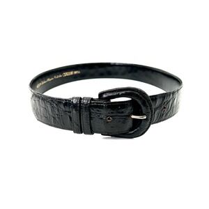 Black Leather Belt Sz M Embossed Italian Alligator Calfskin Croc 1.5"Vintage